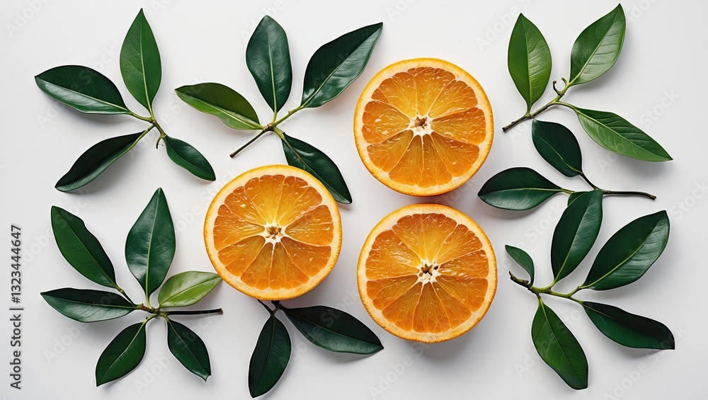 Poster halved orange fruit with vibrant orange slices and dark green leaves arranged symmetrically on a cle