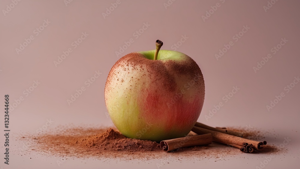 Poster Crisp green apple dusted with cinnamon powder on soft pastel background with several cinnamon sticks arranged around it creating a warm composition
