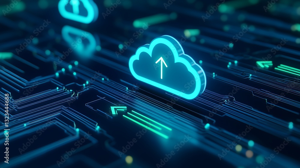 Poster futuristic cloud storage illustration with data upload concept and digital circuit background
