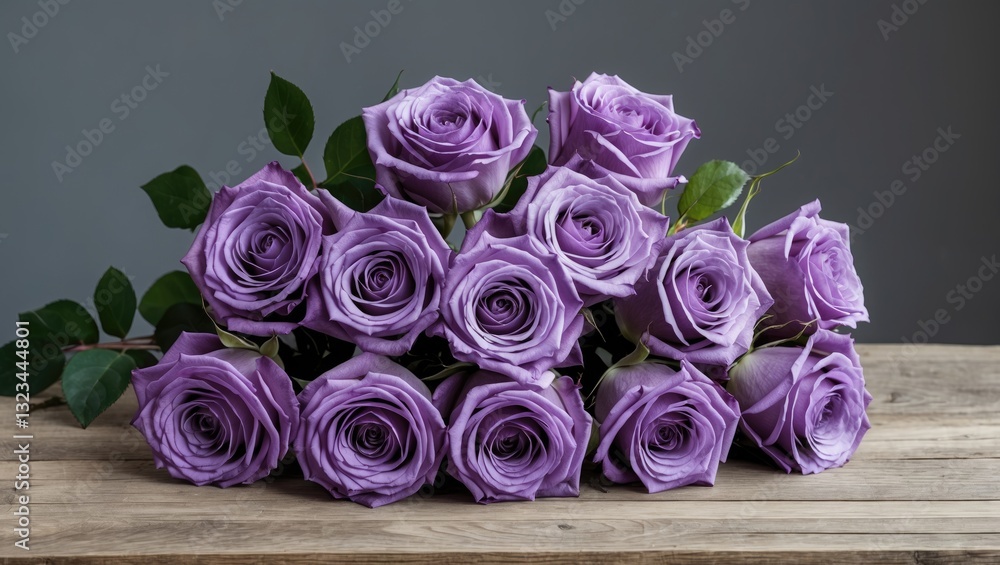 Poster floral arrangement of vibrant purple roses arranged neatly on a rustic wooden table against a soft g