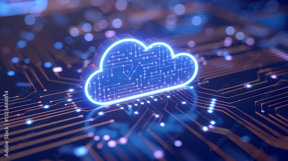 Poster futuristic cloud symbol with circuit design on digital background representing technology and data c