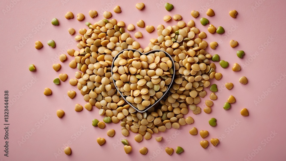 Poster heart-shaped arrangement of lentils surrounded by scattered lentils on a soft pastel pink background