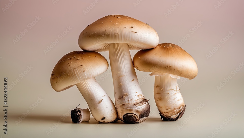 Poster fresh champignon mushrooms with creamy white caps and pale stems clustered in the foreground on a so