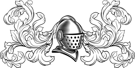 Coat of arms crest knight family medieval shield heraldry heraldic armorial motif. Featuring a knights helm helmet in a vintage etching engraving woodcut style