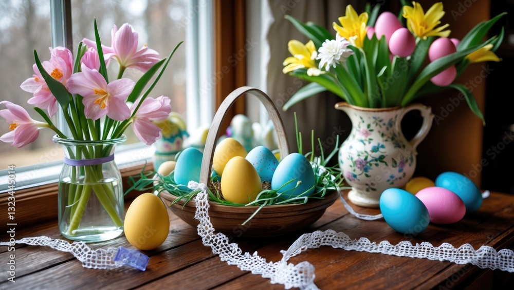 Poster easter eggs in pastel colors nestled in a basket with green grass near a vase of colorful spring flo