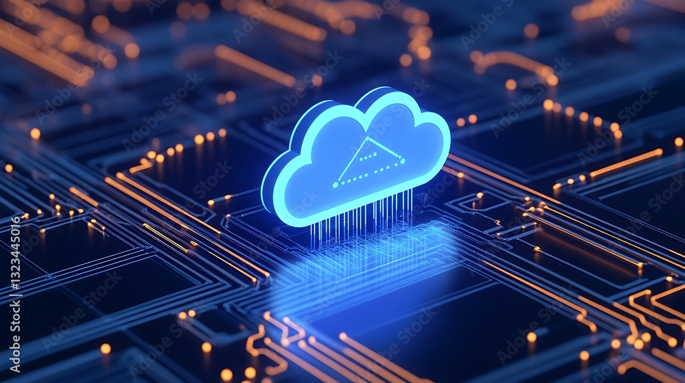 Poster futuristic cloud technology concept on microchip with neon lights and data transmission elements