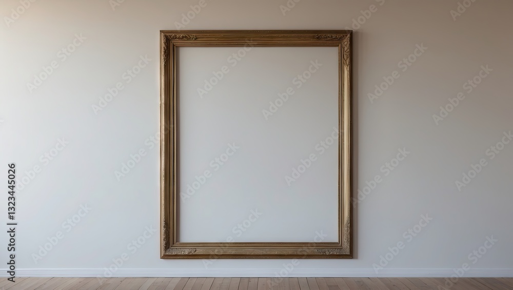 Poster empty golden frame positioned centrally on a plain white gallery wall with wooden flooring, inviting
