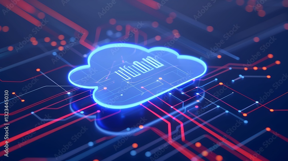 Poster futuristic cloud technology concept with data charts and digital circuitry background in blue and re