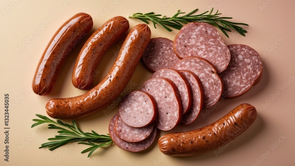 Poster savory smoked sausage assortment on a soft pastel background featuring sliced rounds and whole links