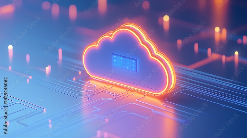 Poster futuristic cloud technology concept with neon glow on digital circuit background for innovation and 