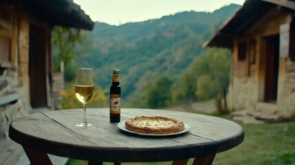 A rustic outdoor setting with a wooden table, featuring a glass of white wine, a small bottle, and a savory pastry. The backdrop is a picturesque mountain landscape with traditional houses.