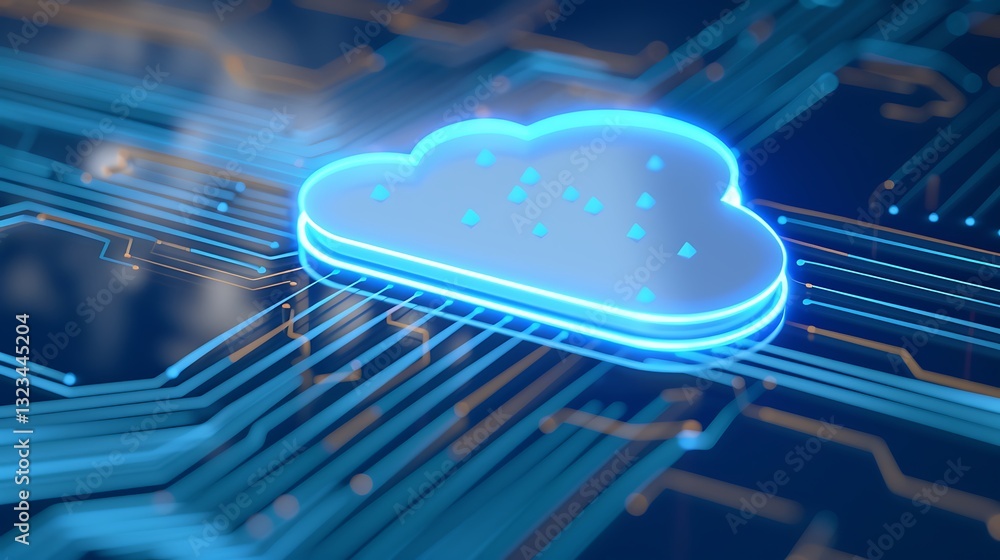 Poster futuristic cloud technology with circuit board design and neon glow for digital innovation and data 