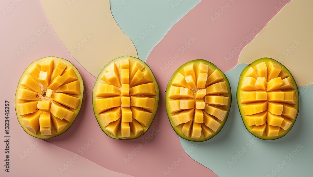 Poster four vibrant mango slices arranged in a row on a soft pastel multi-colored background, showcasing br