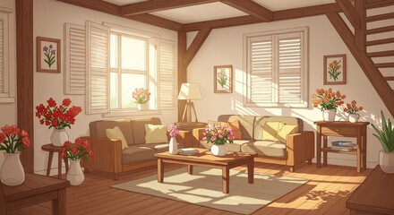 Fototapeta premium Warm sunlight streams into cozy rustic living room filled with vibrant tulips. AI Generated