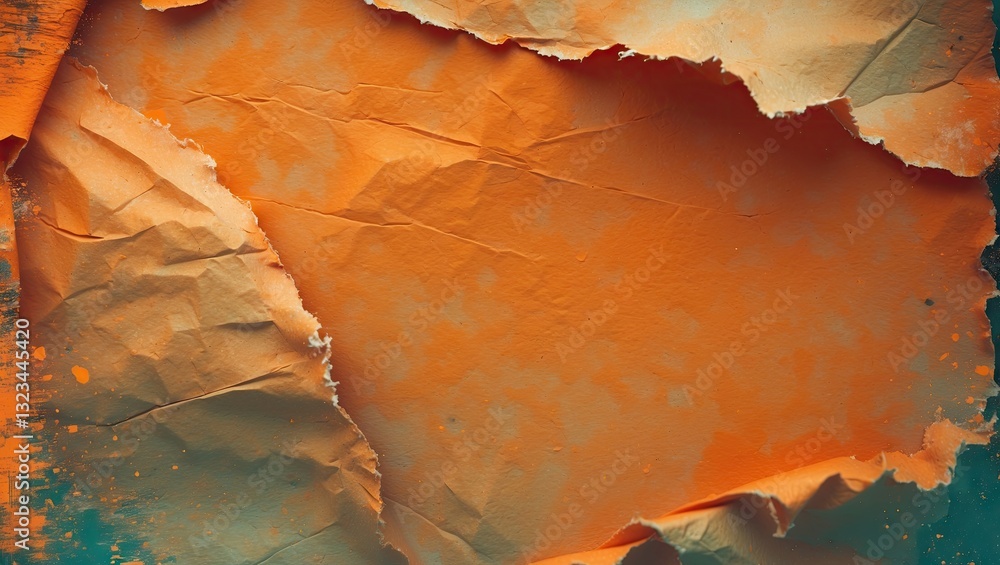 Fototapete Grunge orange textured paper with torn edges creating a warm color palette, providing ample copyspace for text and design elements.