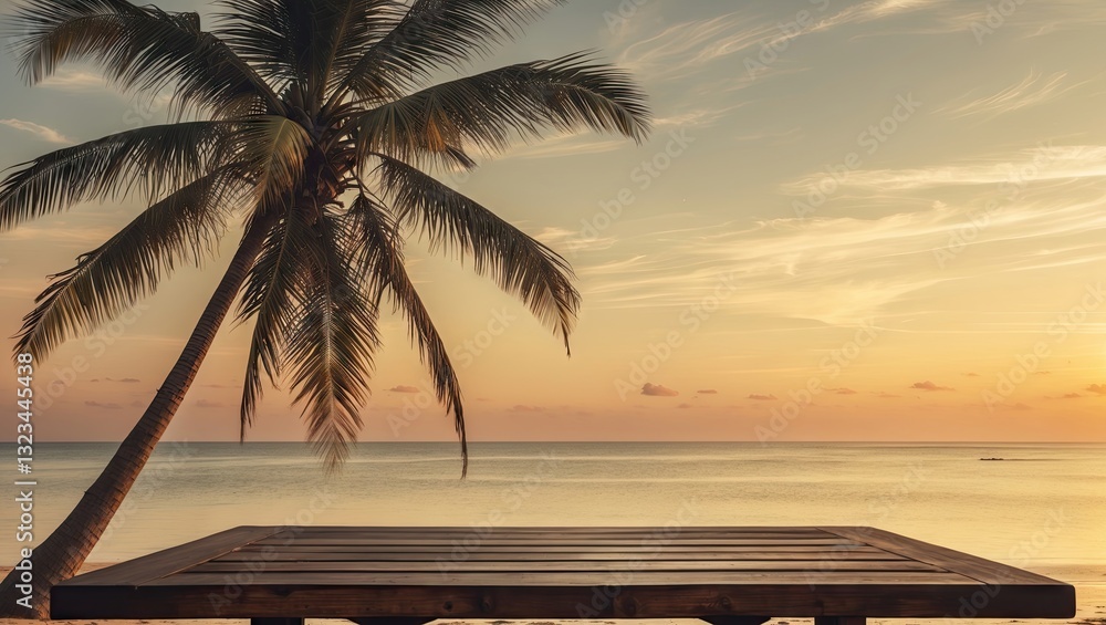 Leinwandbilder wooden table positioned left against a golden sunset sky with a silhouetted coconut tree on the righ