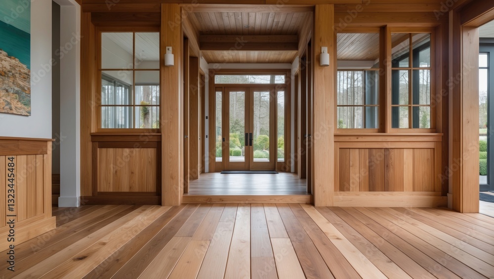 Poster inviting entrance hall showcasing warm wooden floors and matching carpentry elements with large wind