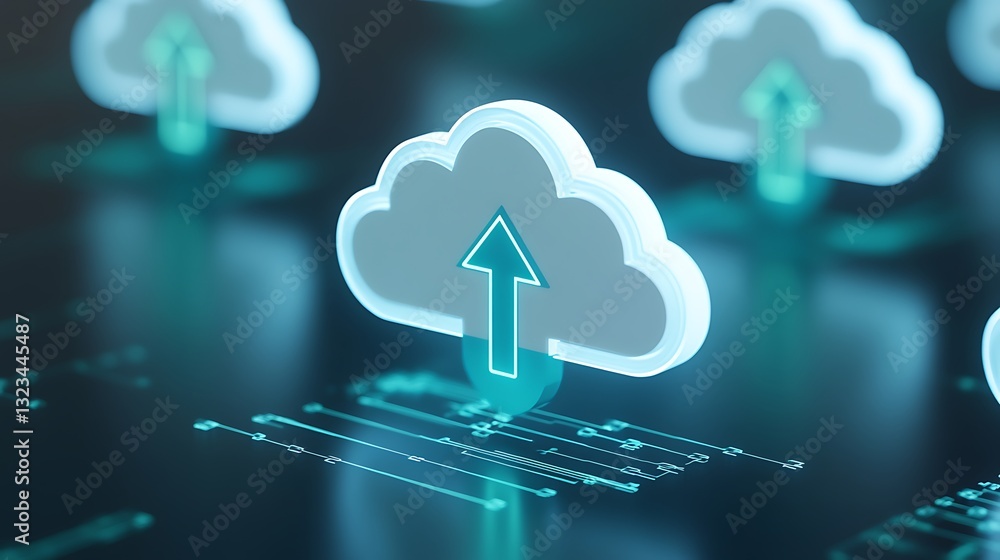 Poster futuristic cloud upload concept with 3d icons and digital network background for technology themes