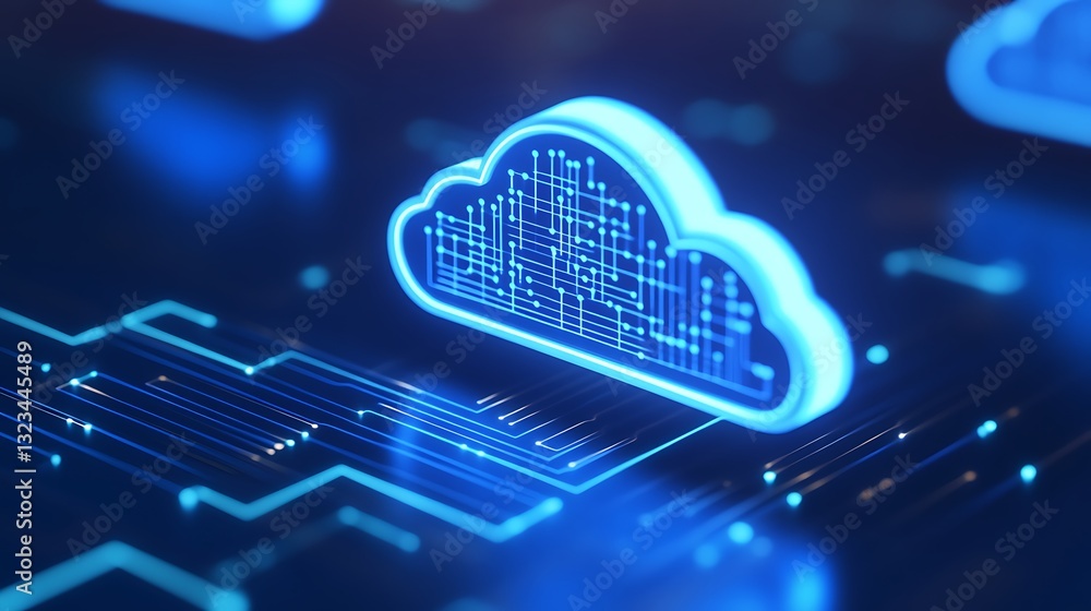Poster futuristic cloud technology with digital circuitry background representing data storage and connecti