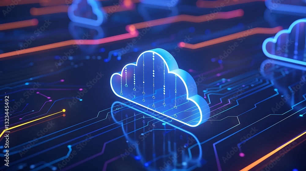 Poster futuristic cloud technology with neon lines and digital data flowing in abstract background