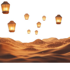 A surreal desert with glowing sand dunes and floating lanterns, isolated on transparent background
