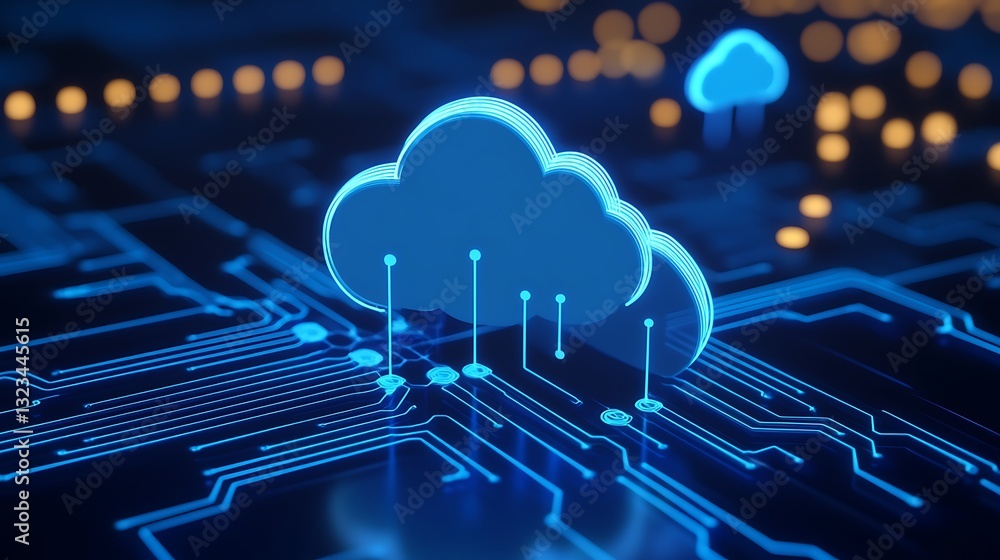 Aufkleber futuristic digital cloud computing concept with blue glowing circuitry and abstract technology backg