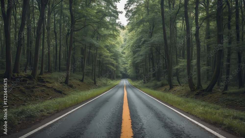 Poster Serene forest road stretching into lush greenery with a centered double yellow line and ample copyspace on either side for text or design.