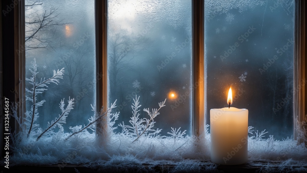 Aufkleber frosted window with ice patterns in cool blue tones, glowing candle on soft white snow, warm light c