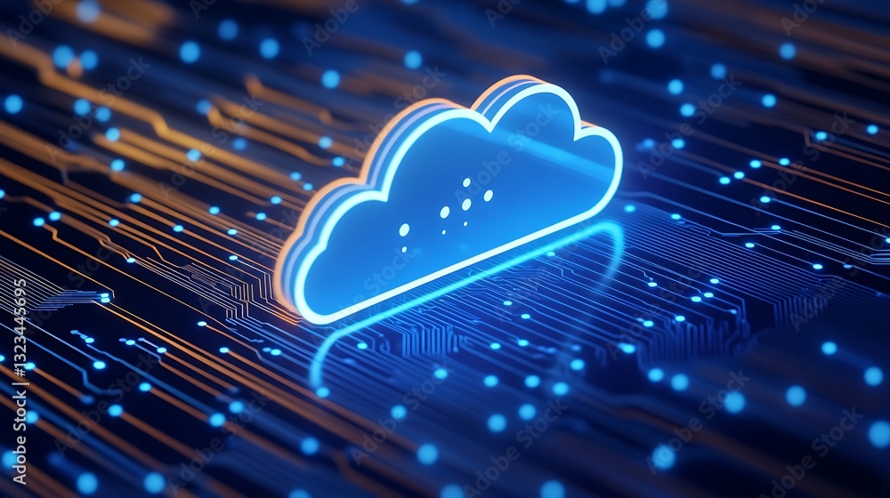 Poster futuristic digital cloud computing concept with glowing lines and circuits on dark background