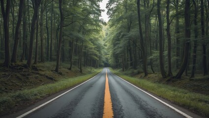 Fototapeta premium Serene forest road stretching into lush greenery with a centered double yellow line and ample copyspace on either side for text or design.