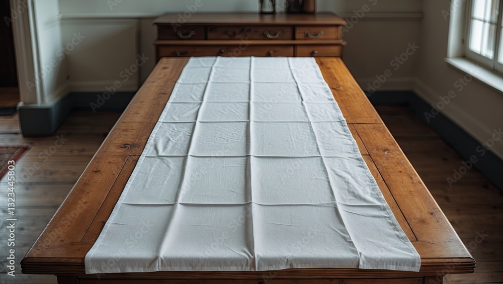 Aufkleber white tablecloth spread elegantly on a wooden table with a rustic finish, featuring selective focus 