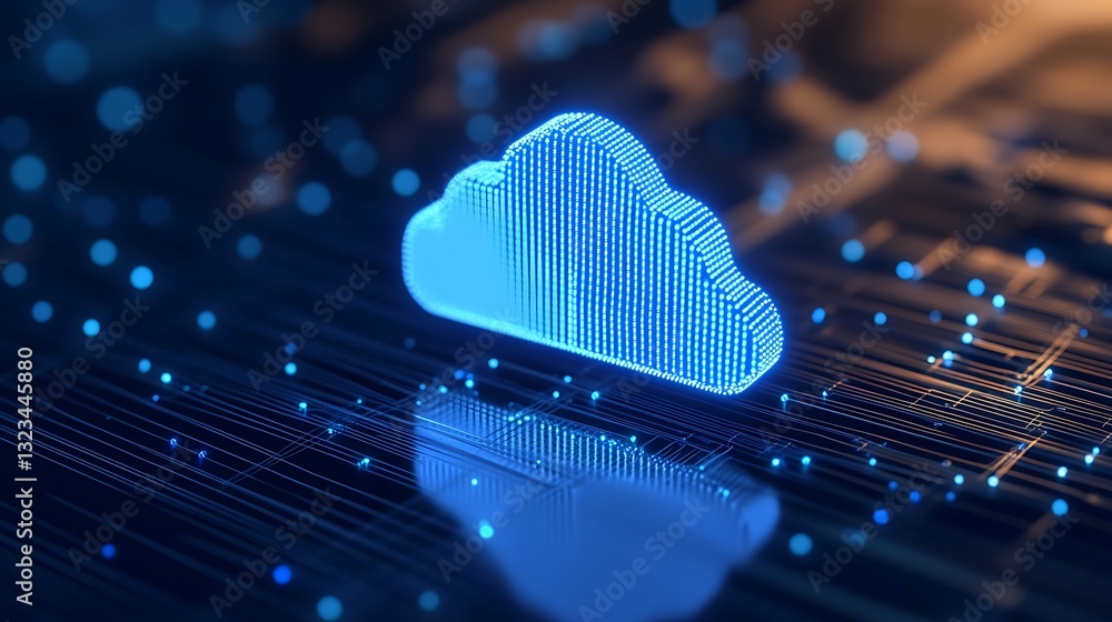 Poster futuristic digital cloud icon with glowing particles on circuit board background in blue color schem