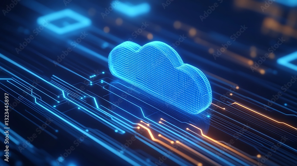 Poster futuristic digital cloud icon with neon lines and data connections on a dark background for technolo
