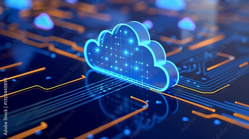 Poster futuristic digital cloud in a network with glowing lines and connective nodes in technology backgrou