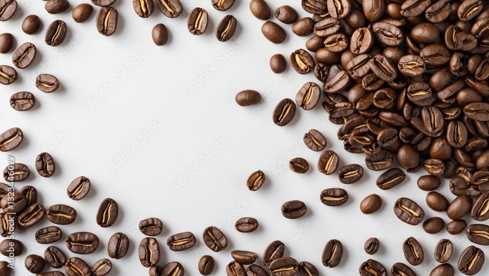 Poster Dried brown coffee beans scattered on a soft white background from a top view, creating ample copy space for text or design elements.