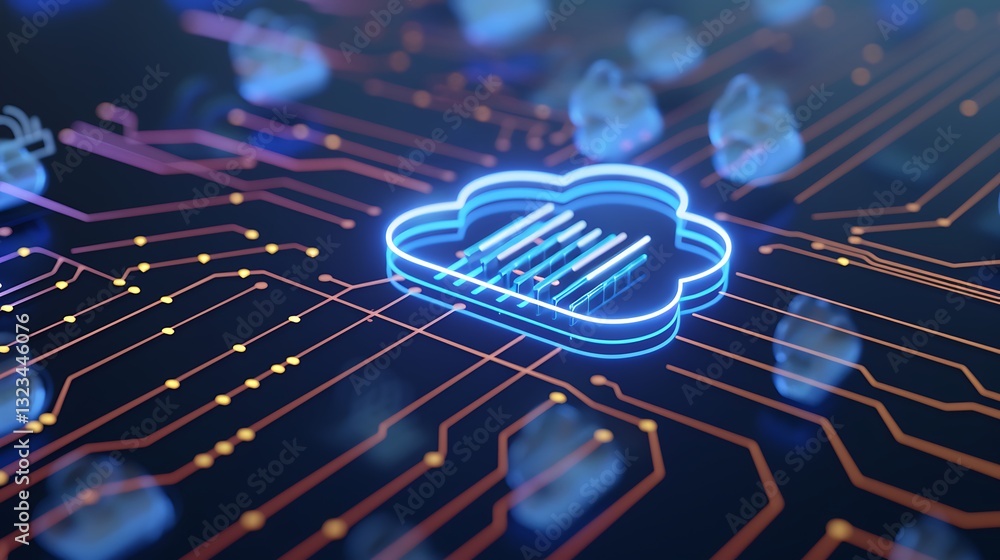 Poster futuristic digital cloud symbol illuminated with lines and circuits representing modern technology a