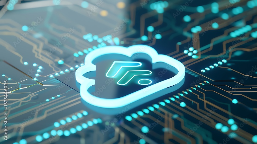 Aufkleber futuristic digital cloud symbol glowing on high-tech circuit board with data lines in vibrant blue c
