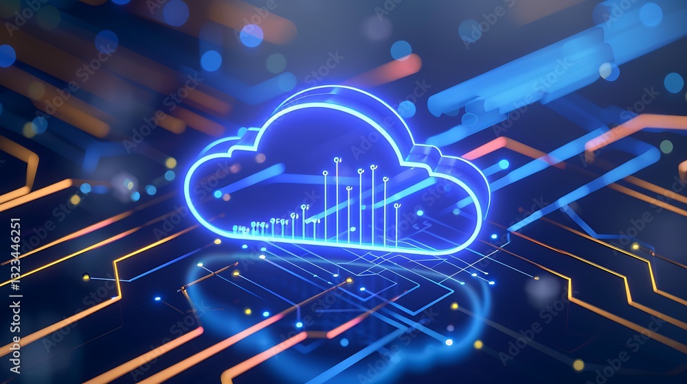 Poster futuristic digital cloud technology design with data visualization on circuit board background