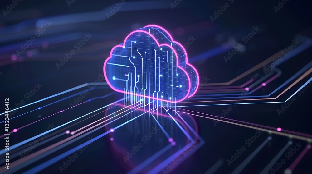 Poster futuristic digital cloud with glowing circuits illuminating technology and data transmission in a da