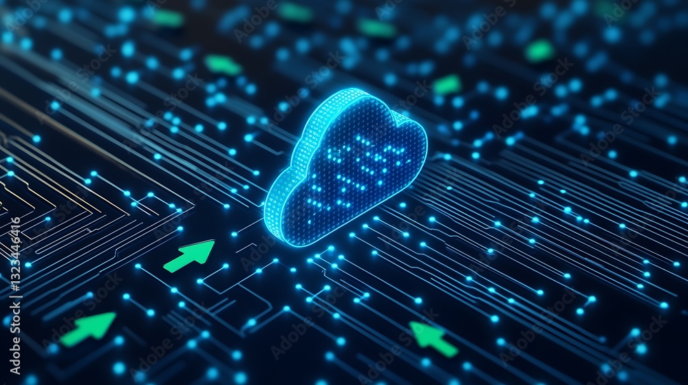 Poster futuristic digital cloud with neon data flow and arrows representing cloud computing technology