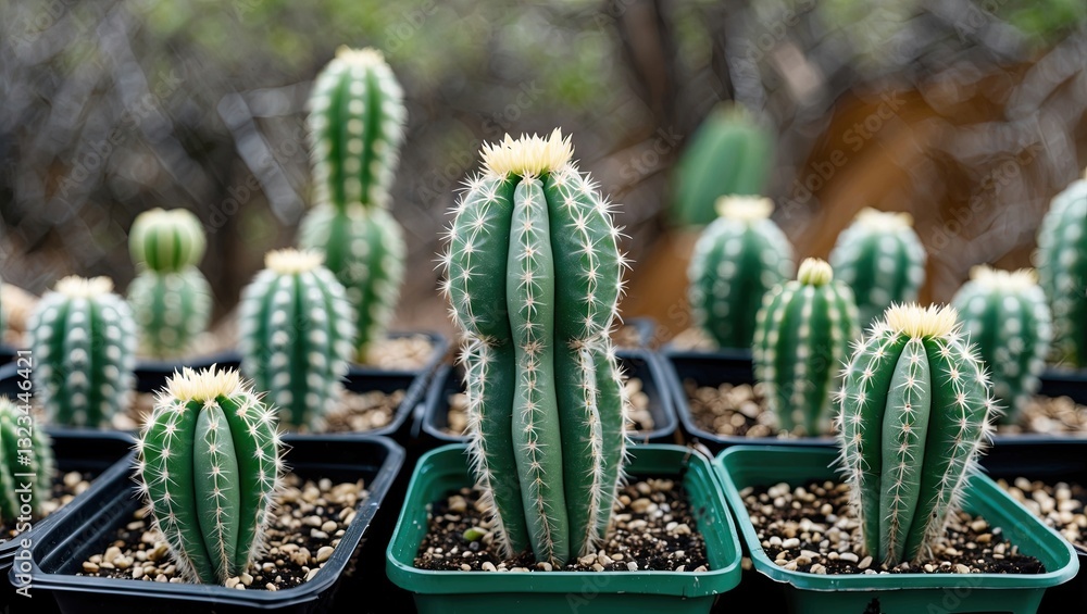 Poster cactus seedlings in green pots positioned centrally and in rows against a blurred natural background