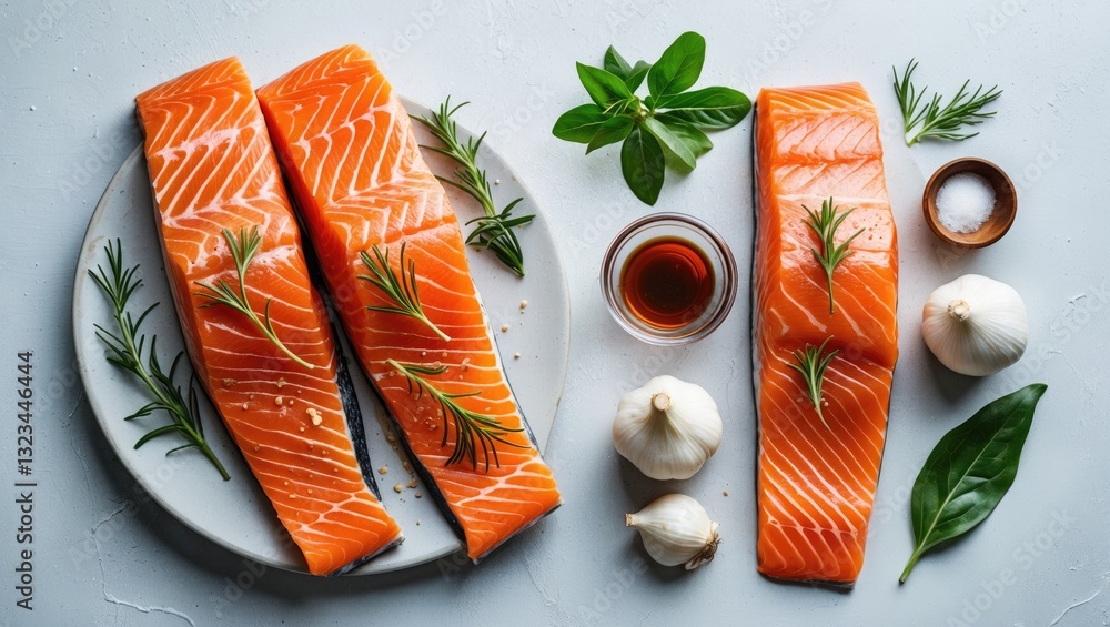 Poster fresh raw salmon fillets arranged on a white surface with herbs garlic and marinade components natur