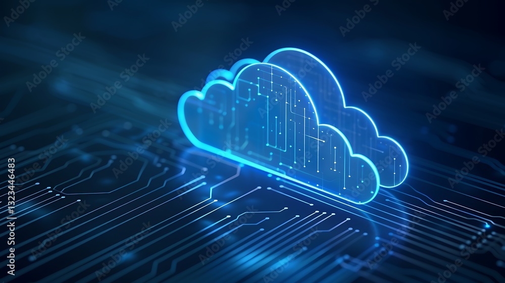 Poster futuristic glowing cloud symbol on circuit board background representing digital storage and technol