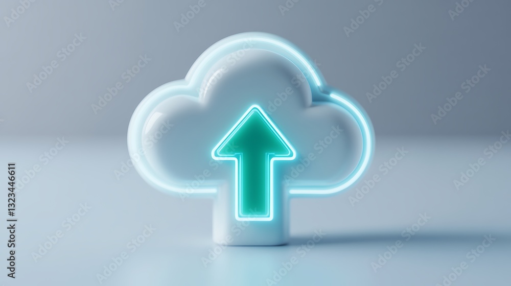 Poster glossy cloud icon with neon arrow signifying digital file upload in clean modern style