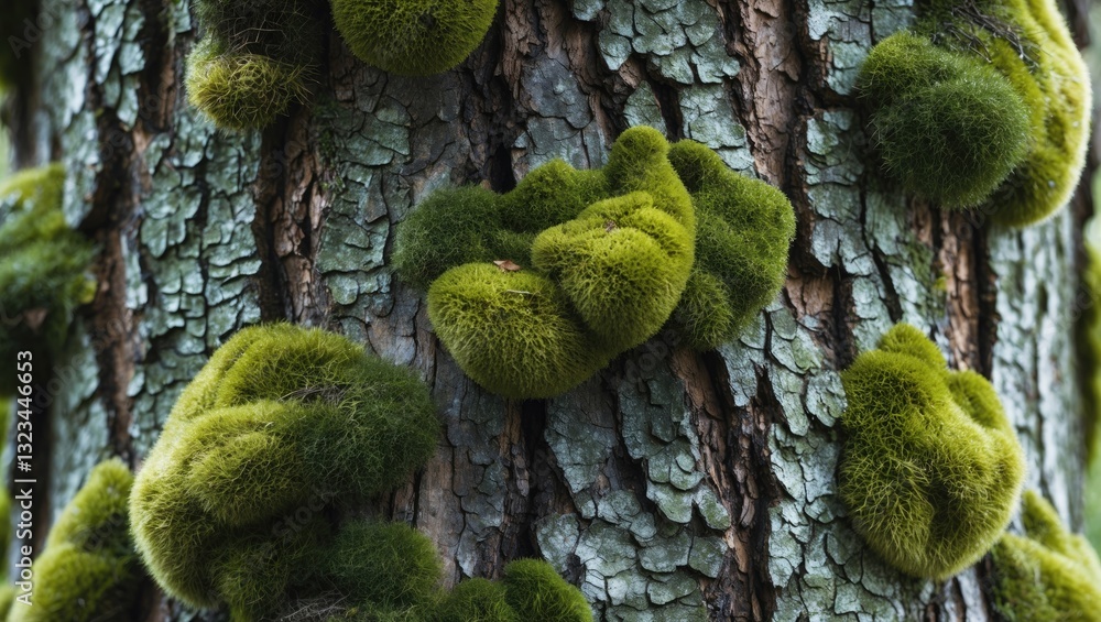 Aufkleber mossy green formations on rugged brown tree bark showcasing intricate textures and natural patterns 