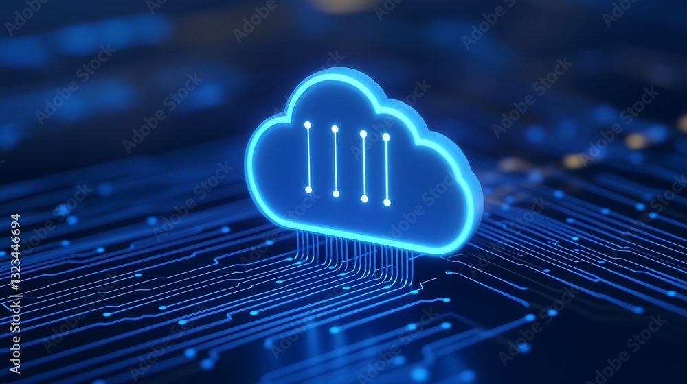 Poster glowing cloud icon with data lines symbolizing cloud computing technology and digital connectivity