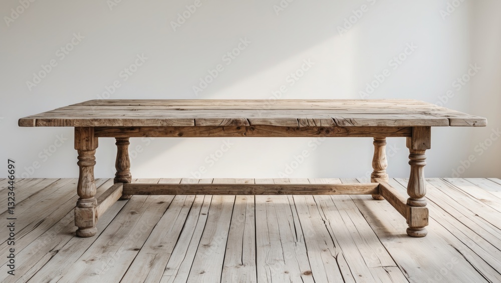 Poster rustic wooden table with a natural finish positioned centrally on a light wooden floor against a bri