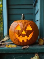 Obraz premium Halloween pumpkin with carved face glowing warmly on porch surrounded by autumn leaves