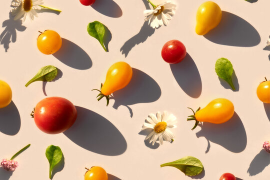 Variety of tomatoes and flowers making natural pattern under sunlight.
