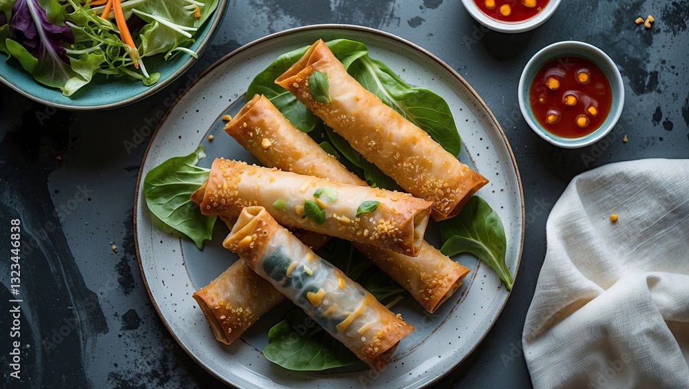 Poster fried spring rolls arranged on a gray plate, surrounded by fresh salad and small bowls of sauce, top